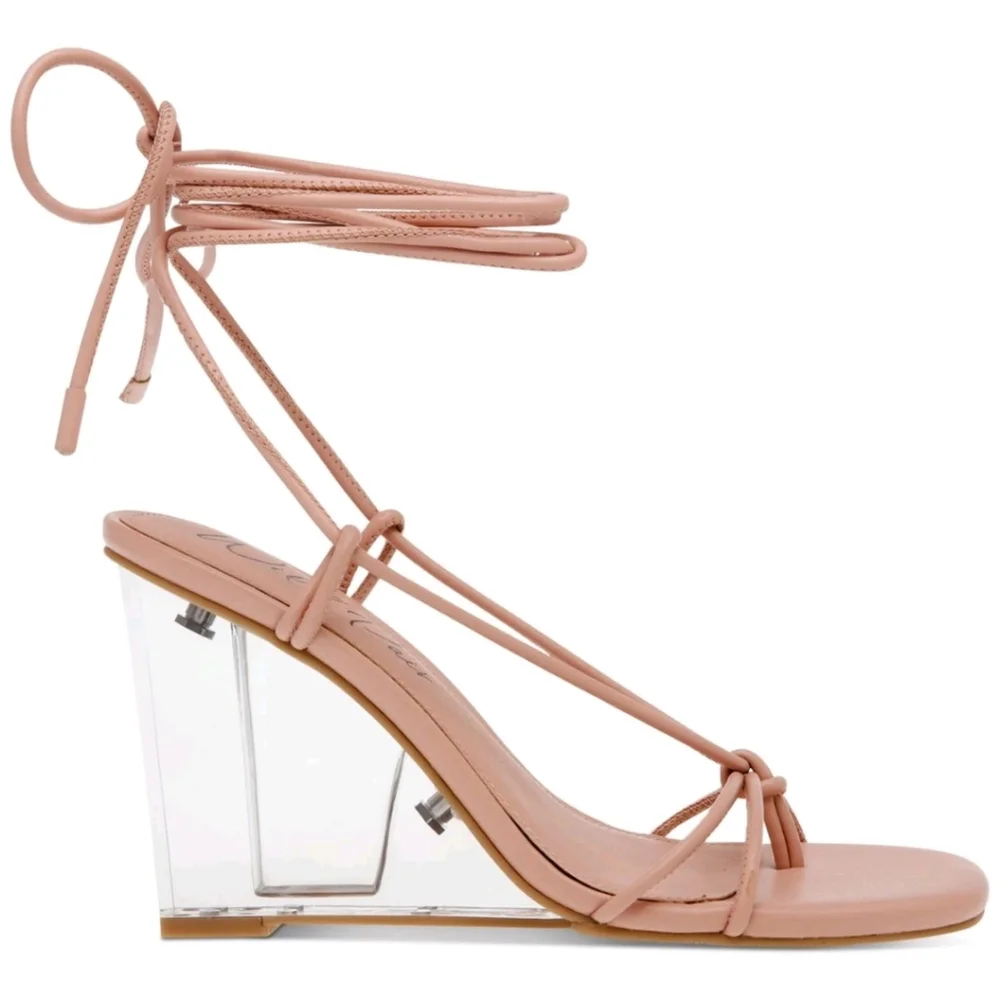 WILD PAIR Womens Nude Beige Santeago Square Toe Wedge Heeled Thong Sandals 9.5